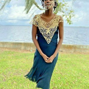 Vtg 1920s Silk Dress Antique Lace Gatsby AS IS 2pc